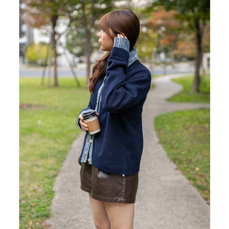 《デニム衿×フェイクレイヤード》レディース ニットトップス ミドル丈 秋冬 | GORGE  | 詳細画像7 