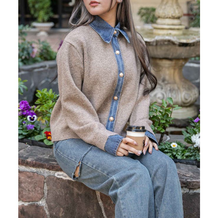 ベージュ | 《デニム衿×フェイクレイヤード》レディース ニットトップス ミドル丈 秋冬 | GORGE 