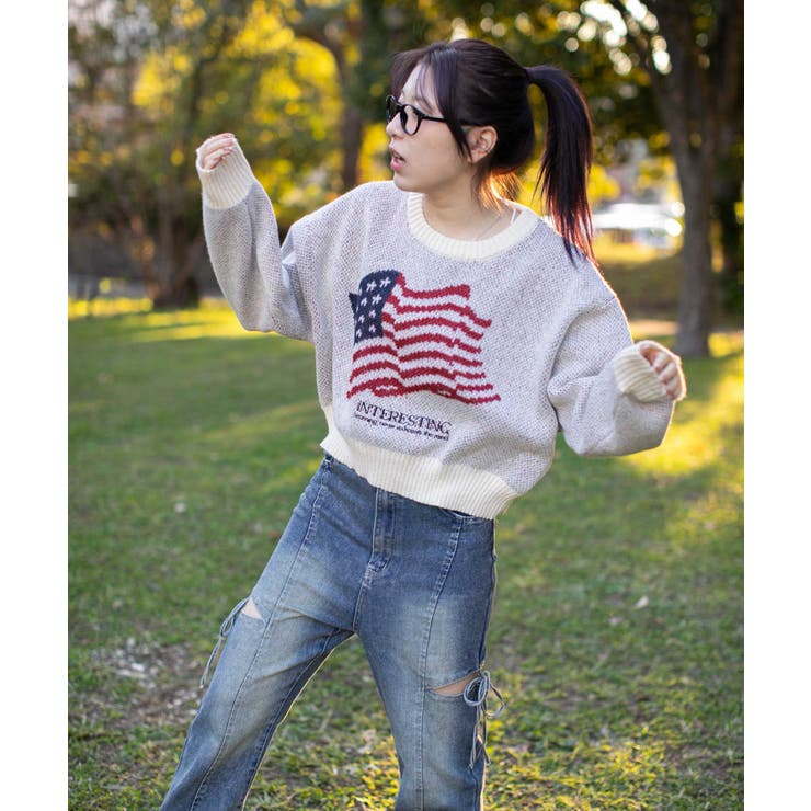《アメリカフラッグジャガード×メランジ風》レディース 短丈ニット トップス | GORGE  | 詳細画像1 