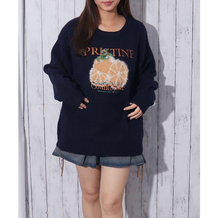 ネイビー | 《ロゴ刺繍×フルーツモチーフ》レディース ニット プルオーバー 秋冬 | GORGE 