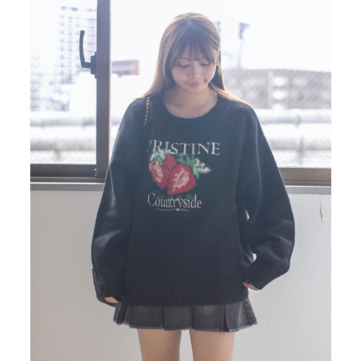 ブラック | 《ロゴ刺繍×フルーツモチーフ》レディース ニット プルオーバー 秋冬 | GORGE 