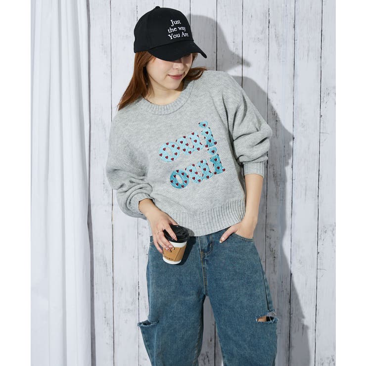 ハートドット×ロゴ刺繍》レディース ニットプルオーバー 短丈