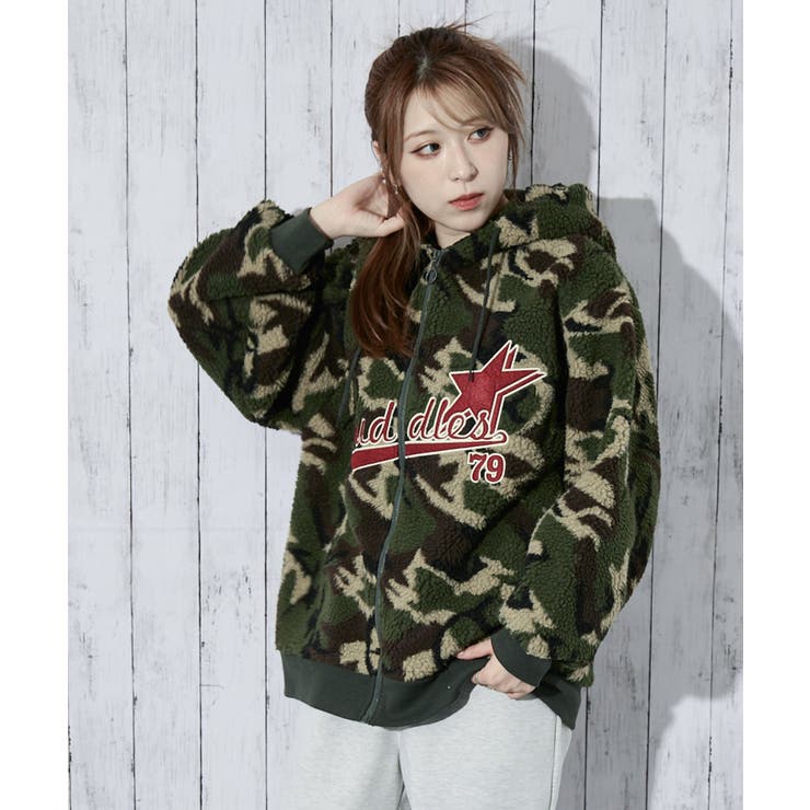 カレッジロゴ×ボア》レディース ジップパーカー ビッグシルエット 秋冬