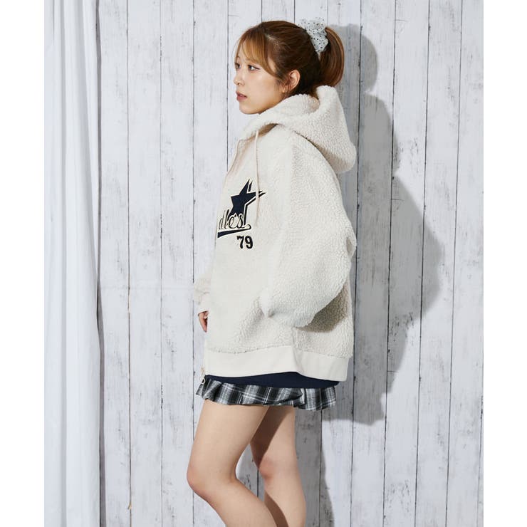 カレッジロゴ×ボア》レディース ジップパーカー ビッグシルエット 秋冬