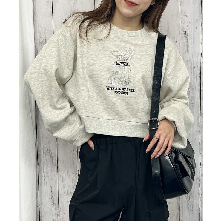 うさぎロゴ×裏起毛》レディース スウェットプルオーバー ショート丈