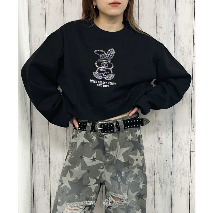 うさぎロゴ×裏起毛》レディース スウェットプルオーバー ショート丈