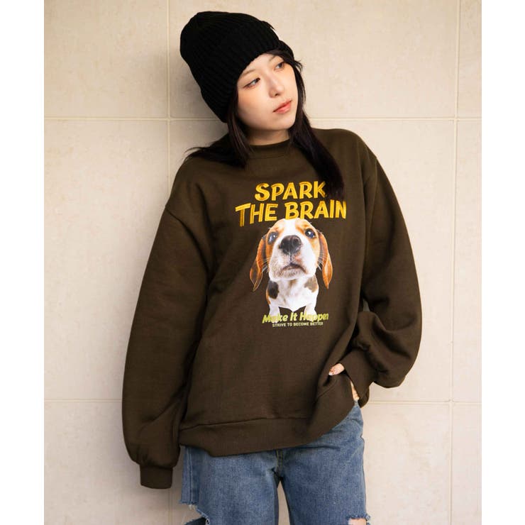 犬プリント×立体ロゴ刺繍》レディース 裏起毛 スウェット[品番