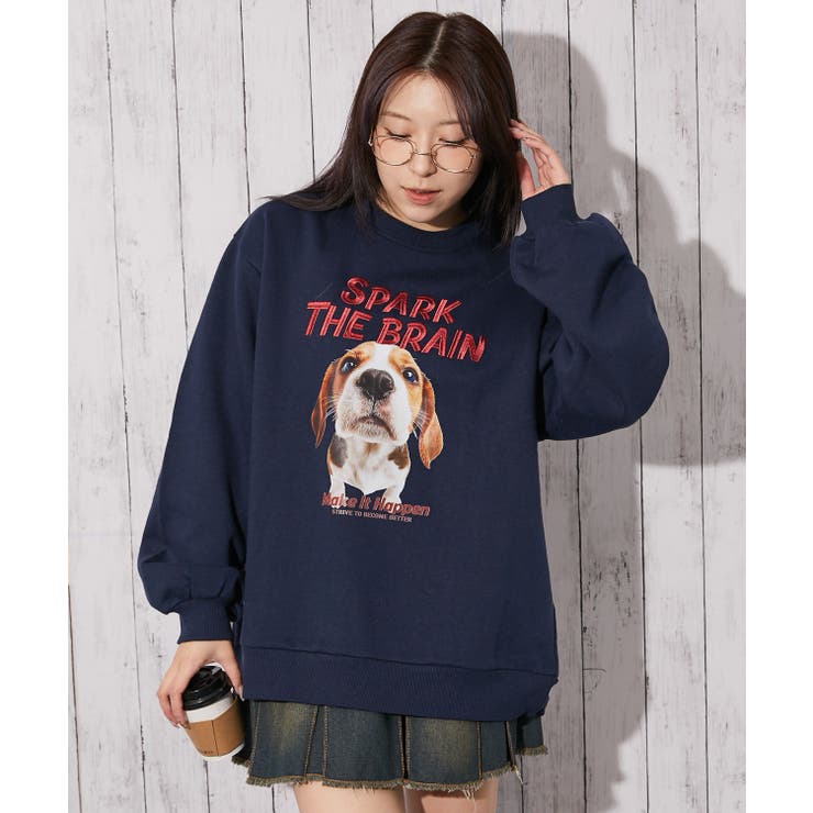 犬プリント×立体ロゴ刺繍》レディース 裏起毛 スウェット[品番