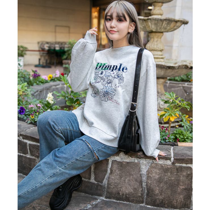 《花柄ラインアート×刺繍ロゴ》裏起毛スウェットトレーナー 冬◎ | GORGE  | 詳細画像1 