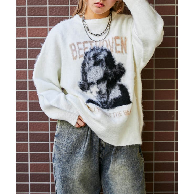 オフホワイト | 《ふんわり起毛タッチ》レディース ロゴ ジャカードニット プルオーバー 秋冬 | GORGE 