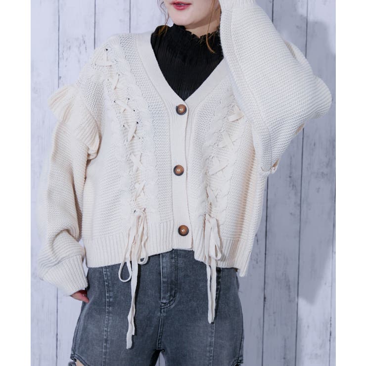 アイボリー | 《レースアップ×袖フリル》レディース ニットカーディガン ショート丈 秋冬 | GORGE 
