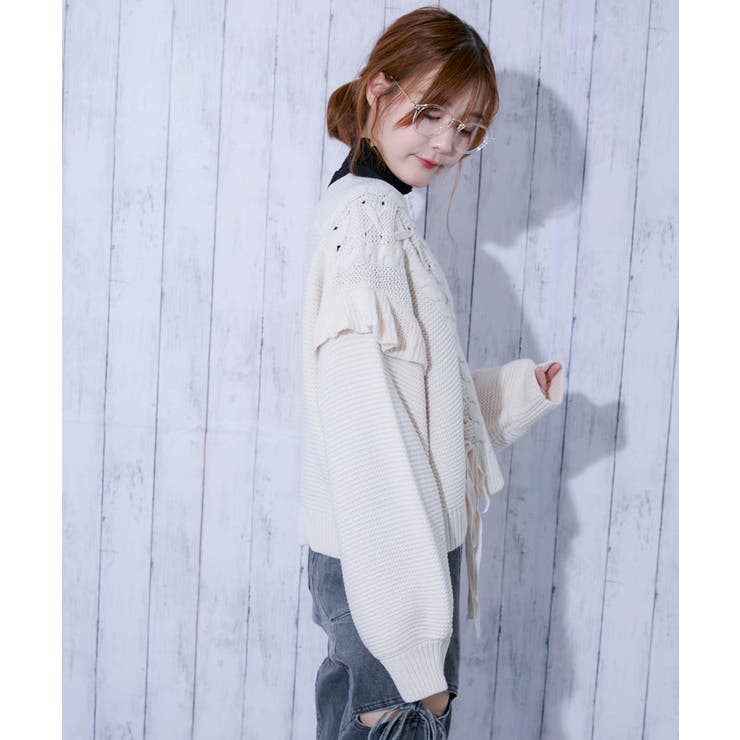 《レースアップ×袖フリル》レディース ニットカーディガン ショート丈 秋冬 | GORGE  | 詳細画像15 