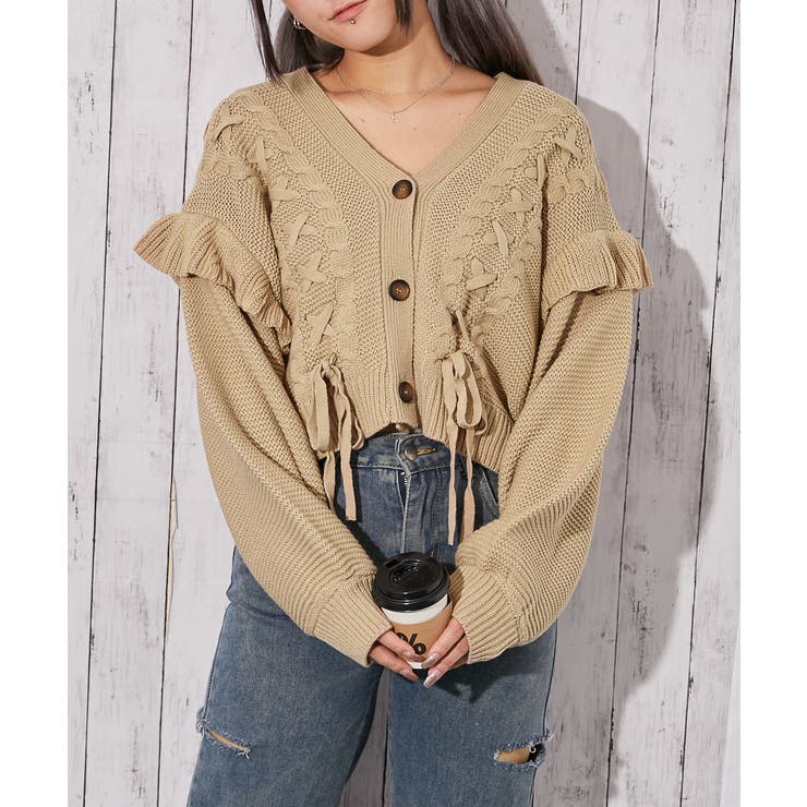 ベージュ | 《レースアップ×袖フリル》レディース ニットカーディガン ショート丈 秋冬 | GORGE 