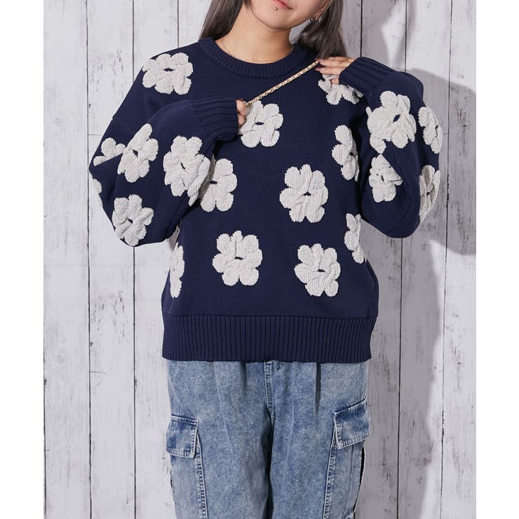 フラワーモチーフ×立体デザイン》レディース ジャカードニットプル