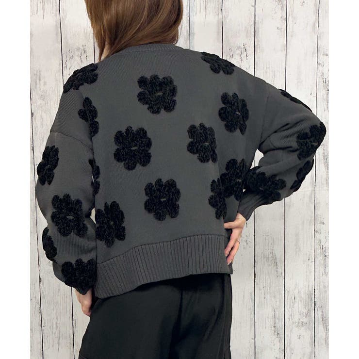 フラワーモチーフ×立体デザイン》レディース ジャカードニットプル