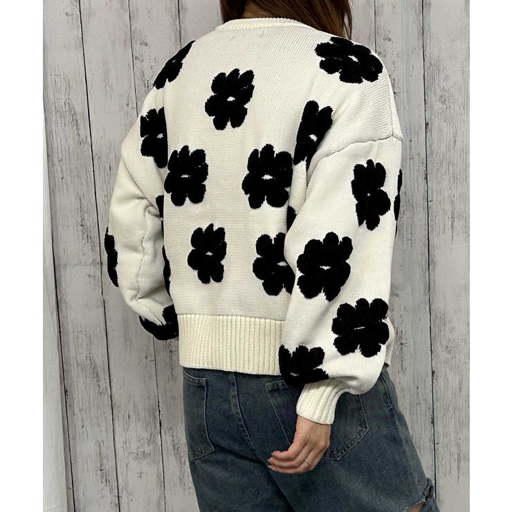 フラワーモチーフ×立体デザイン》レディース ジャカードニットプル
