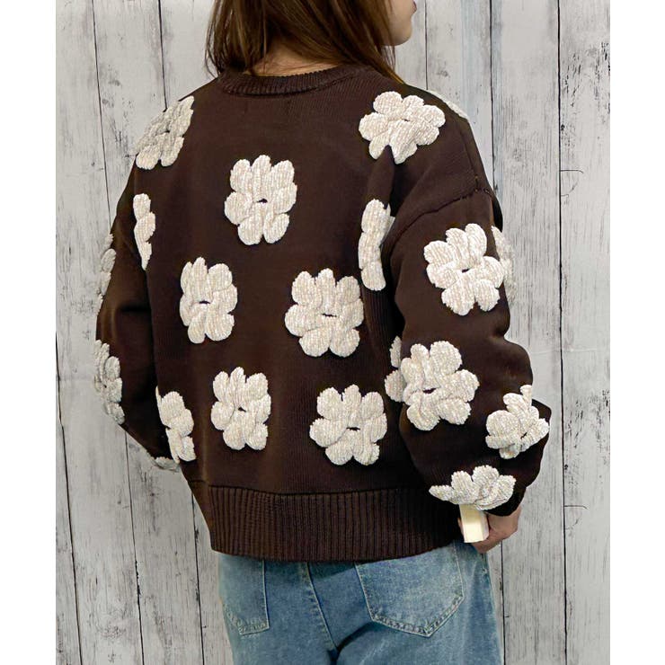 フラワーモチーフ×立体デザイン》レディース ジャカードニットプル