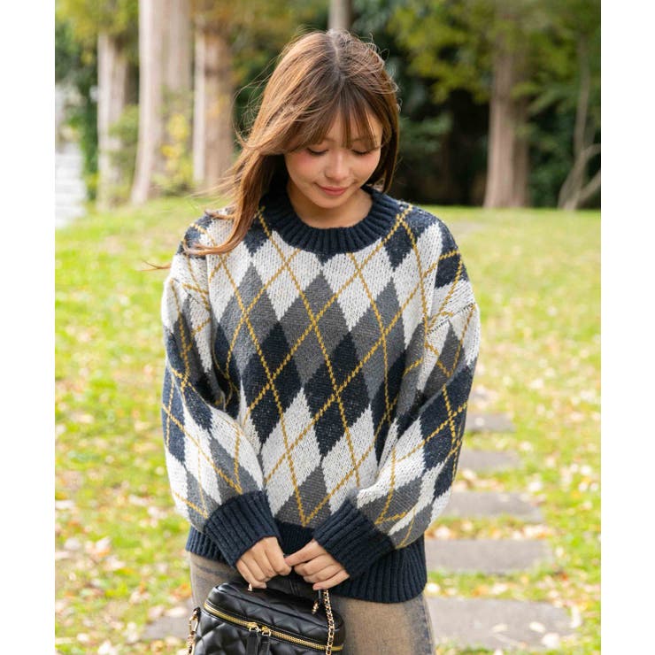 グレー | 《レトロカレッジ》レディース アーガイル柄ニット ゆるシルエット 秋冬 | GORGE 