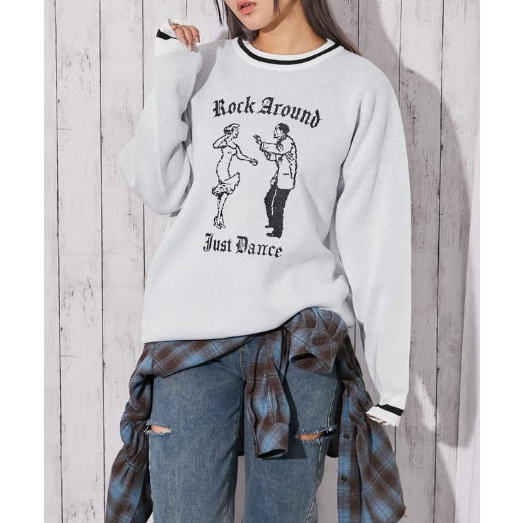 オフホワイト | 《ジャガードロゴ柄×配色ライン》ゆるシルエットニットプルオーバー | GORGE 