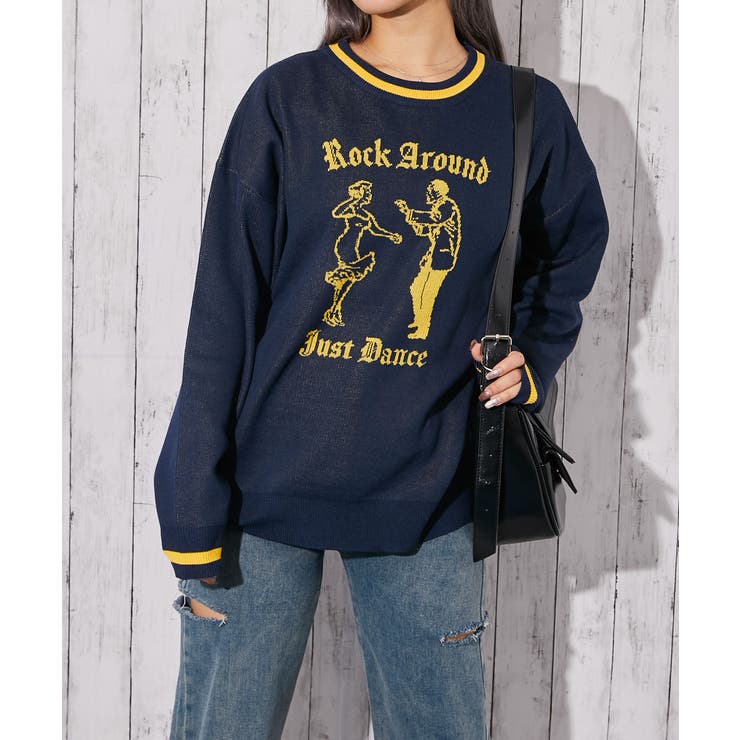 ネイビー | 《ジャガードロゴ柄×配色ライン》ゆるシルエットニットプルオーバー | GORGE 