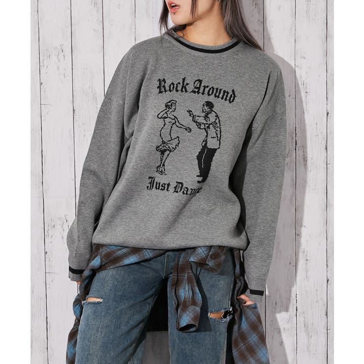 チャコール | 《ジャガードロゴ柄×配色ライン》ゆるシルエットニットプルオーバー | GORGE 