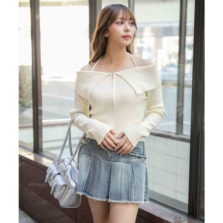 アイボリー | 《デカ襟×ダブルジップ》大人可愛いリブトップス カーディガン | GORGE 