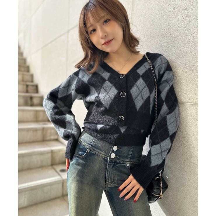 チャコール | 《アーガイル柄×フェザー素材》キャミ付きニットカーディガン／秋冬春 | GORGE 