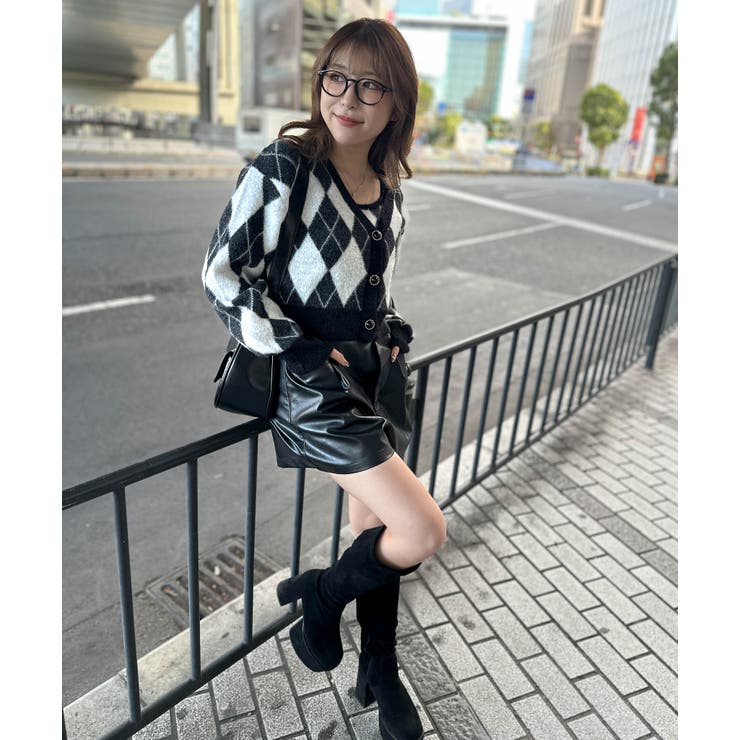 《アーガイル柄×フェザー素材》キャミ付きニットカーディガン／秋冬春 | GORGE  | 詳細画像1 