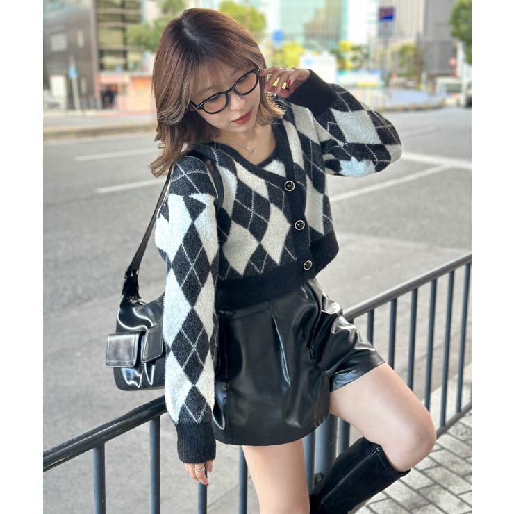 《アーガイル柄×フェザー素材》キャミ付きニットカーディガン／秋冬春 | GORGE  | 詳細画像2 