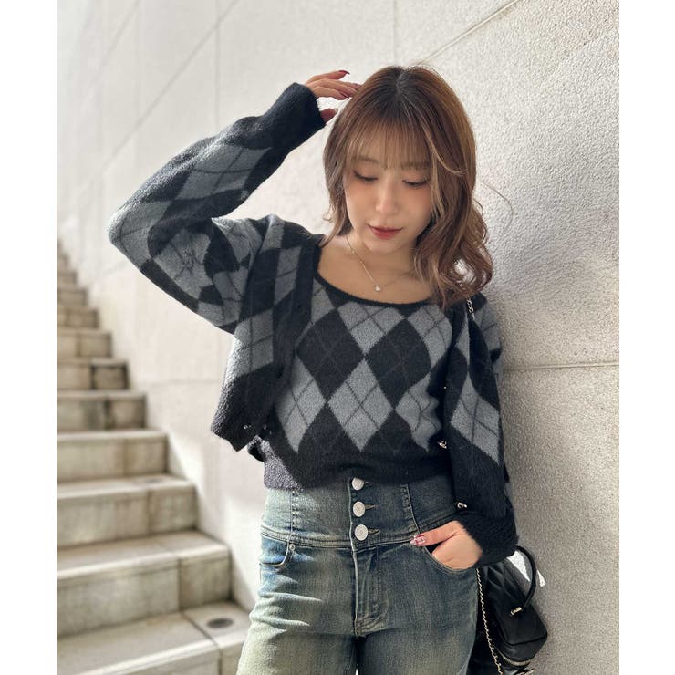 《アーガイル柄×フェザー素材》キャミ付きニットカーディガン／秋冬春 | GORGE  | 詳細画像6 