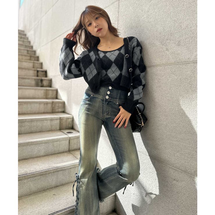 《アーガイル柄×フェザー素材》キャミ付きニットカーディガン／秋冬春 | GORGE  | 詳細画像7 