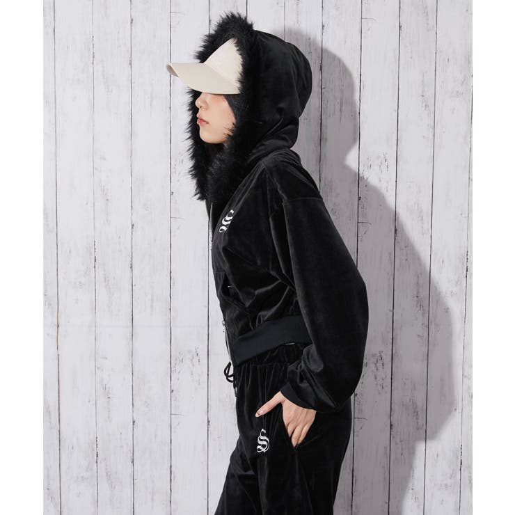 ファーフード×ベロア素材》レディース ジップパーカー セットアップ