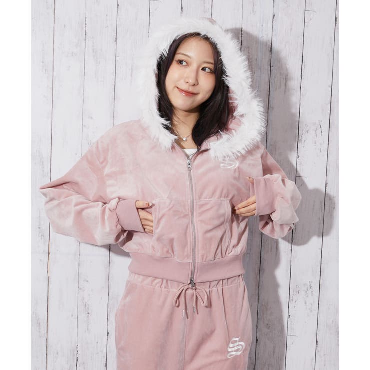 ファーフード×ベロア素材》レディース ジップパーカー セットアップ