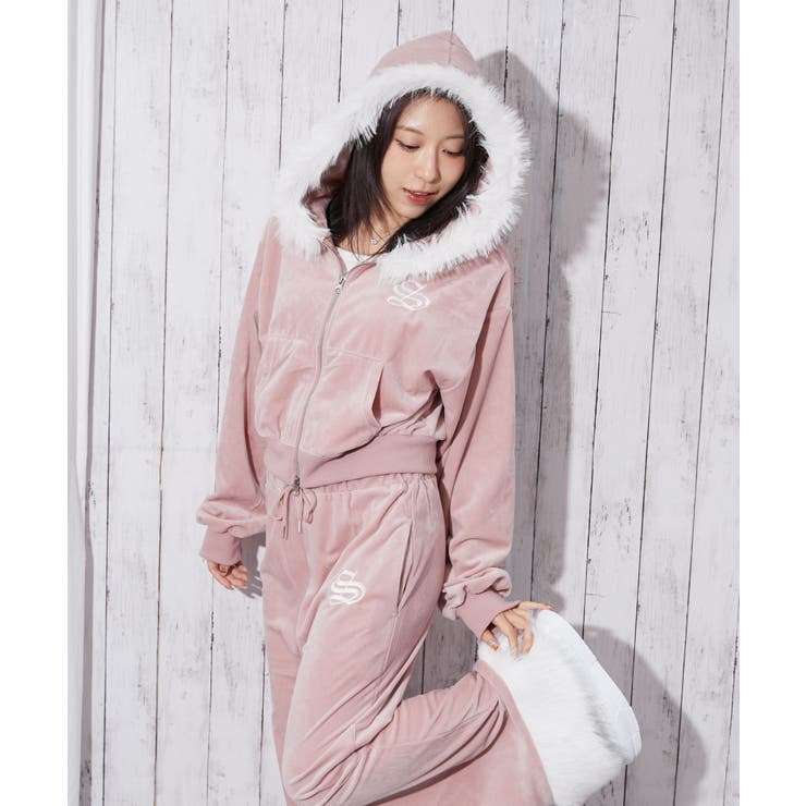 ファーフード×ベロア素材》レディース ジップパーカー セットアップ