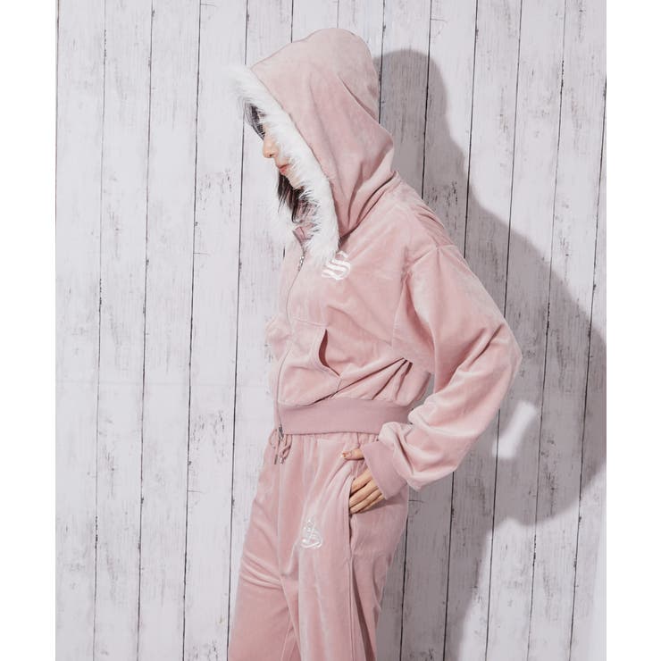 ファーフード×ベロア素材》レディース ジップパーカー セットアップ