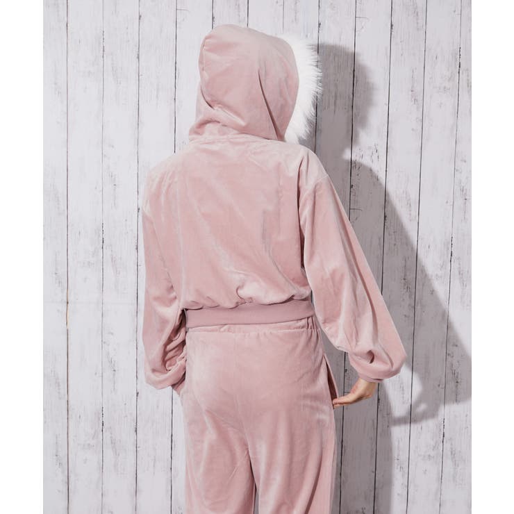 ファーフード×ベロア素材》レディース ジップパーカー セットアップ