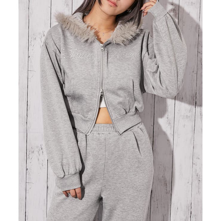 グレー | 《ファーフード×ロゴストーン》ショート丈ジップパーカー 秋冬◎ | GORGE 