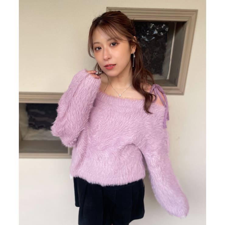 ピンク | 《ふわモコ×前後２ＷＡＹ》フェミ可愛い◎肩リボンフェザーニット秋冬トップス | GORGE 