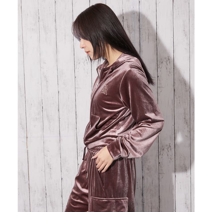 とろみベロア×ロゴ刺繍》レディース ジップパーカー セットアップ対応