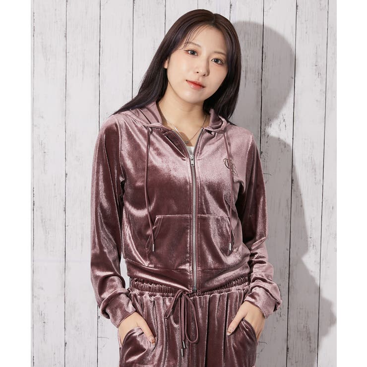 とろみベロア×ロゴ刺繍》レディース ジップパーカー セットアップ対応