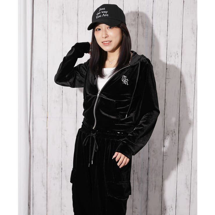 とろみベロア×ロゴ刺繍》レディース ジップパーカー セットアップ対応