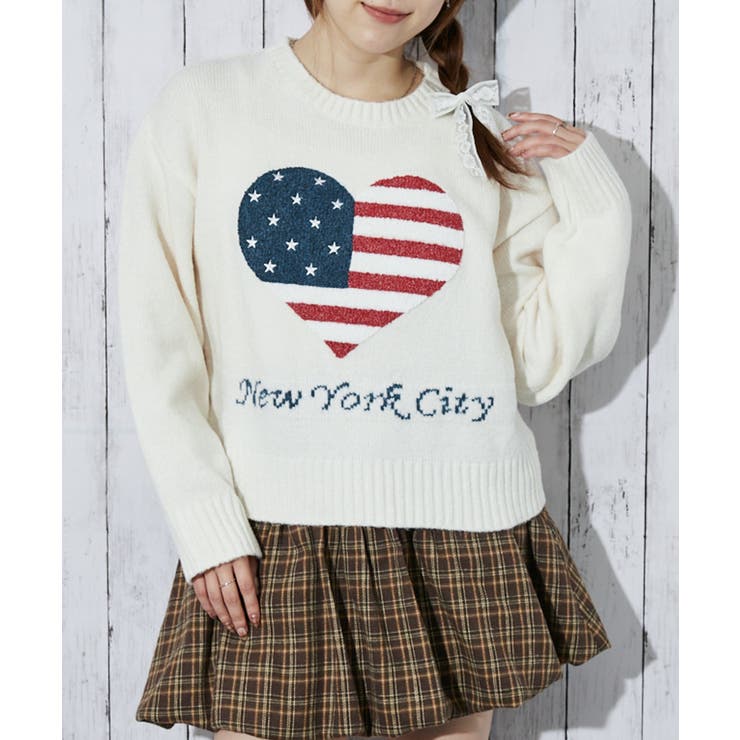 アイボリー | 《ハート×星条旗ロゴ》レディース サガラ刺繍 ニットプルオーバー | GORGE 