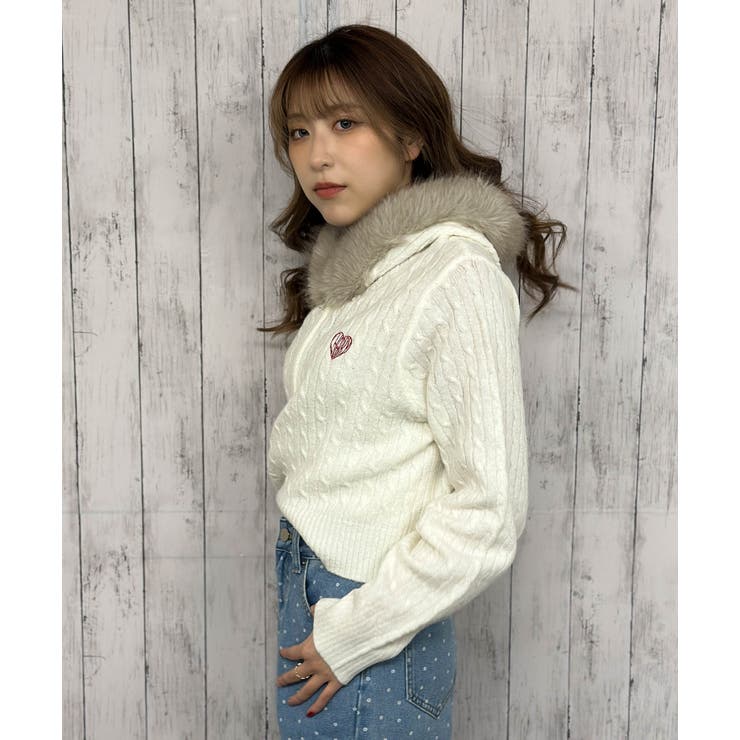 archive ファー襟 ケーブル編み ニットダッフルジャケット M ケーブル編み×ファーフード》ハーフZIPニットプルオーバー／秋冬