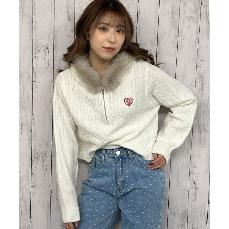 ケーブル編み×ファーフード》ハーフZIPニットプルオーバー／秋冬