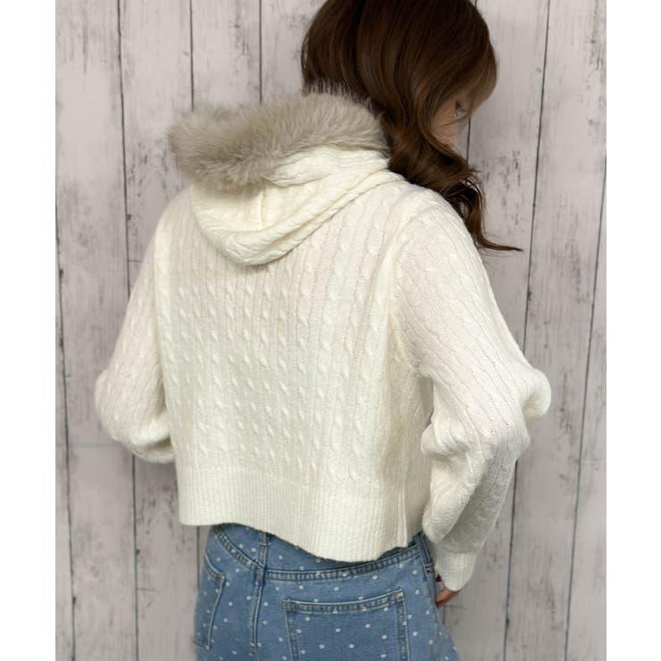 00s 希少 TRALALA ファーフード ハートチャームニットブルゾン 姫カジ ケーブル編み×ファーフード》ハーフZIPニットプルオーバー／秋冬