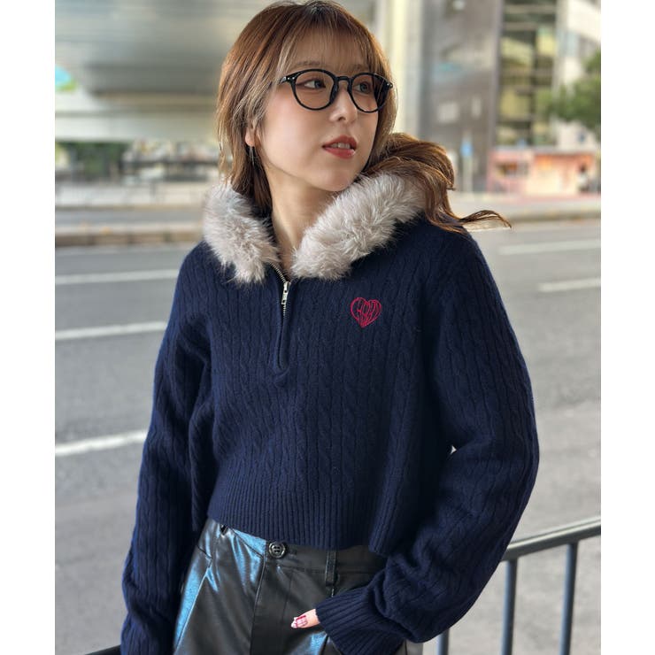 ケーブル編み×ファーフード》ハーフZIPニットプルオーバー／秋冬