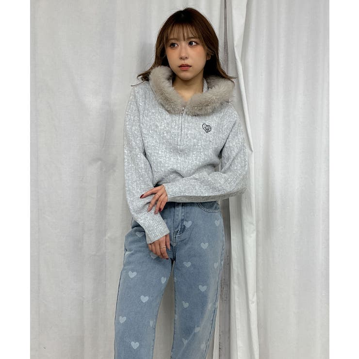 ケーブル編み×ファーフード》ハーフZIPニットプルオーバー／秋冬