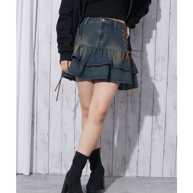 《サイドスエードリボン×ティアード切替》レディース デニム ミニスカート | GORGE  | 詳細画像1 