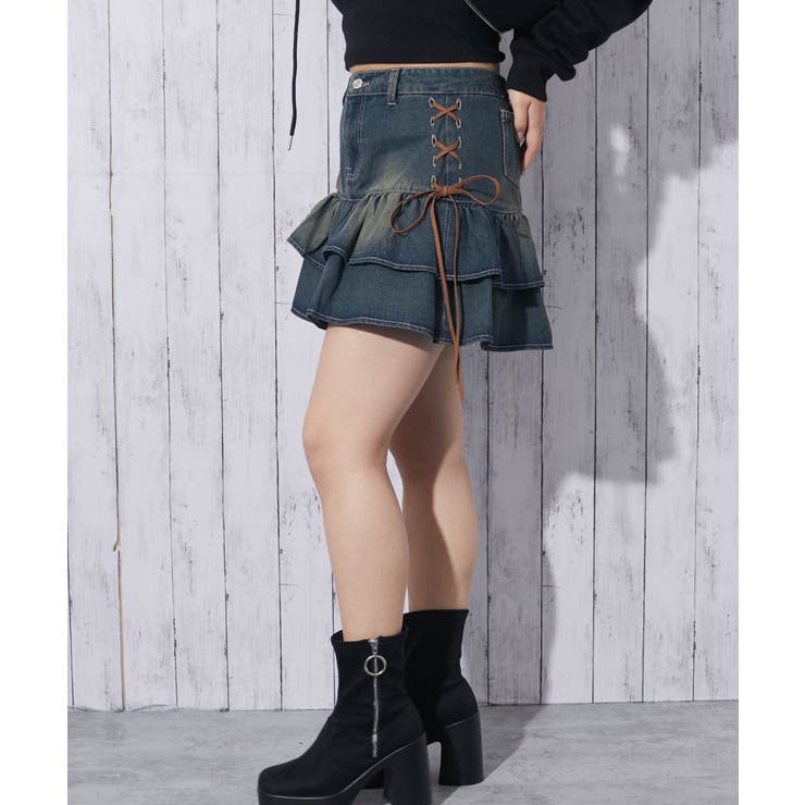 《サイドスエードリボン×ティアード切替》レディース デニム ミニスカート | GORGE  | 詳細画像2 