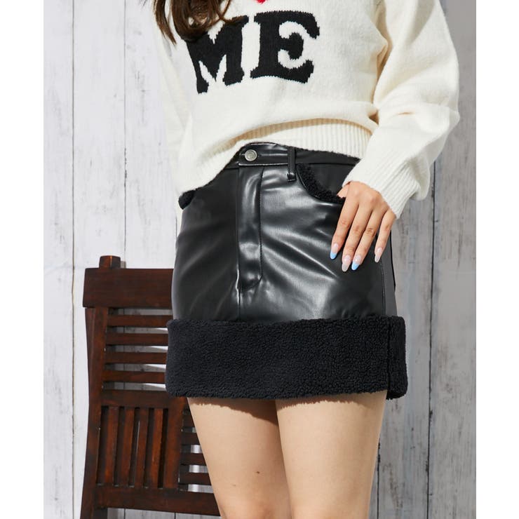 ブラック | 《ボア切替×フェイクレザー》レディース ミニスカート ウエストゴム 合皮 秋冬 | GORGE 